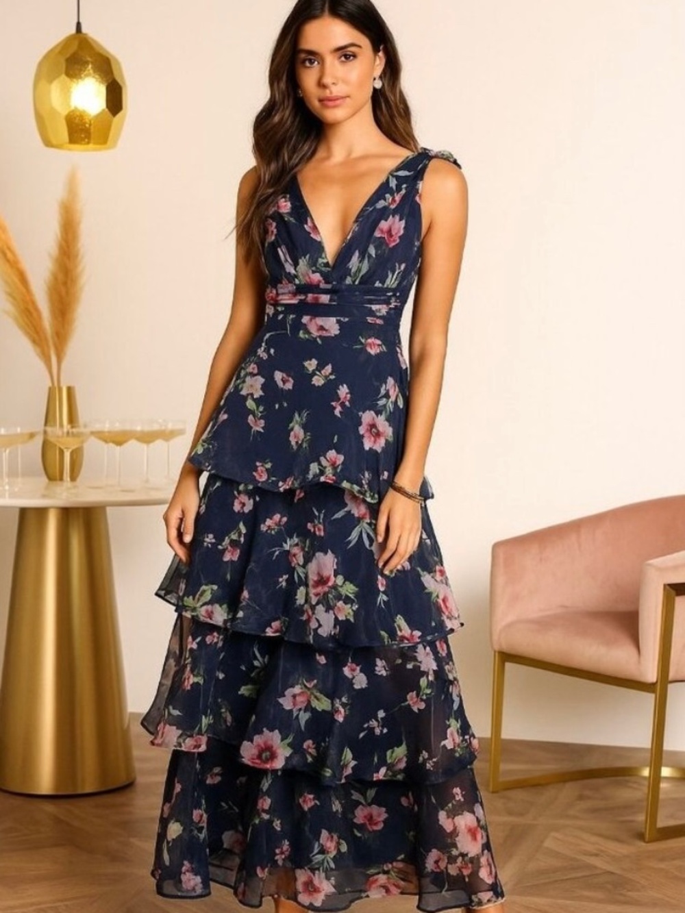 Lulus Women’s Molinetto Navy Floral Organza Ruffle Tiered Maxi Dress Medium